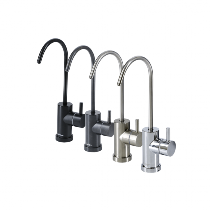 Four modern kitchen faucets in matte black, gunmetal, brushed nickel, and polished chrome finishes, arranged diagonally on a white background.