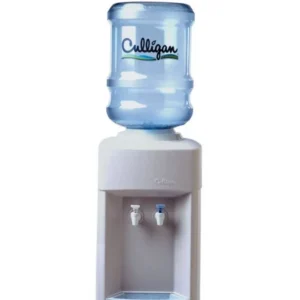 A Culligan water cooler with a clear blue water bottle on top, featuring a light gray dispenser unit with two spigots and a drip tray, set against a white background.