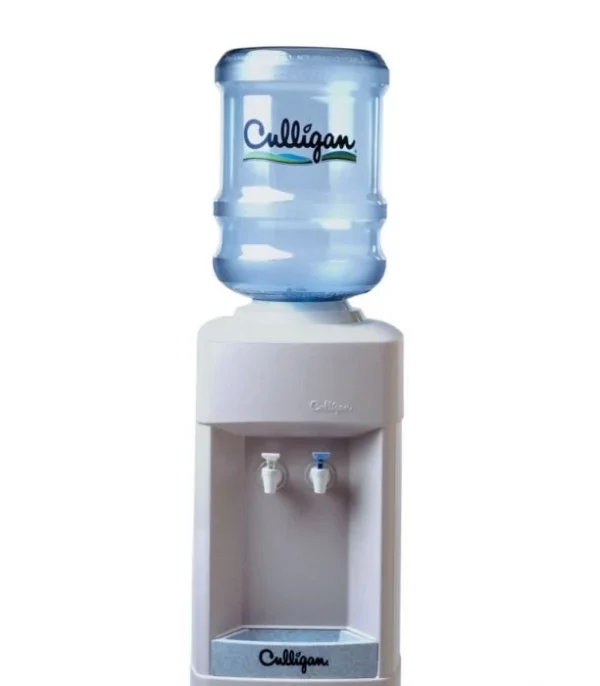 A Culligan water cooler with a clear blue water bottle on top, featuring a light gray dispenser unit with two spigots and a drip tray, set against a white background.