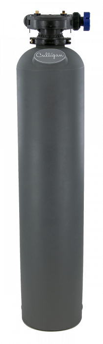 A dark gray Culligan water treatment tank with a black control head and a blue knob on the right side.