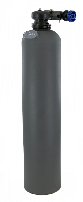 A dark gray Culligan water treatment tank with a black control head and blue valve, isolated on a black background.