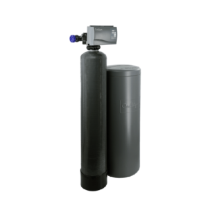 A Culligan whole-home water treatment system, consisting of a tall, dark gray filter tank with a light gray control head and a shorter, wider dark gray brine tank, all set against a black background.