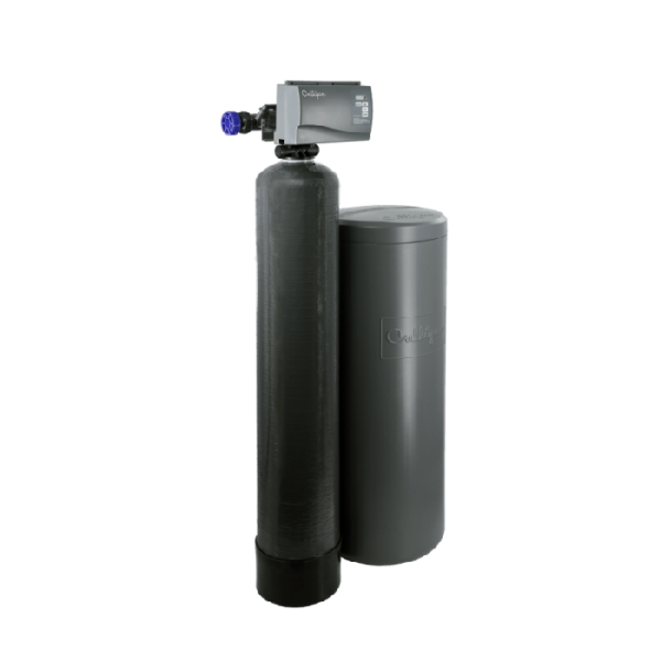 A Culligan whole-home water treatment system, consisting of a tall, dark gray filter tank with a light gray control head and a shorter, wider dark gray brine tank, all set against a black background.