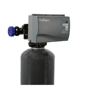 A gray Culligan water softener with a textured tank and a control head featuring a digital display, buttons, and a blue knob, set against a black background.