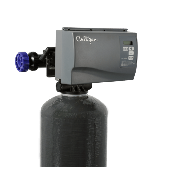 A gray Culligan water softener with a textured tank and a control head featuring a digital display, buttons, and a blue knob, set against a black background.