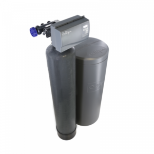 A Culligan whole-home water treatment system, featuring two gray cylindrical tanks and a control head with a blue valve, against a black background.