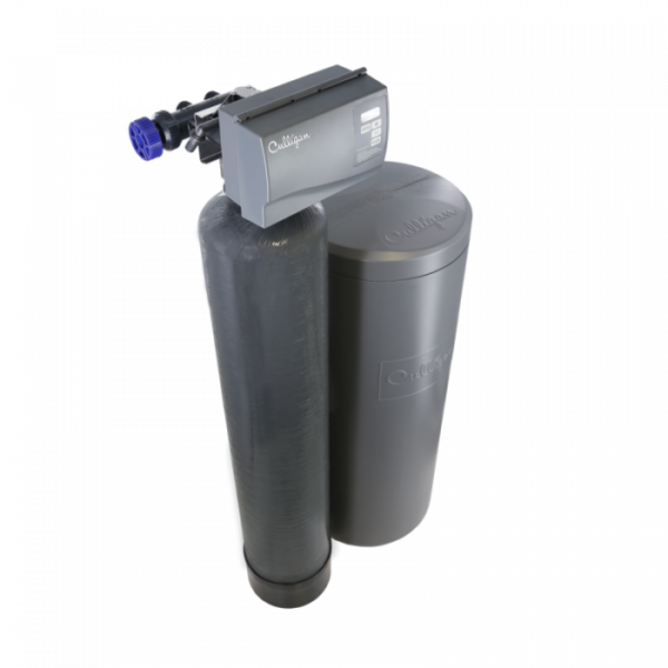 A Culligan whole-home water treatment system, featuring two gray cylindrical tanks and a control head with a blue valve, against a black background.