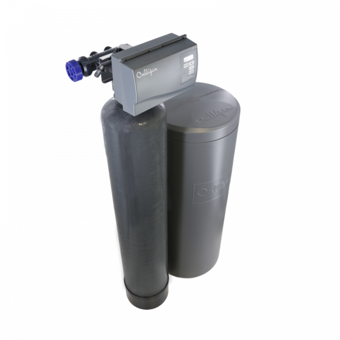 A Culligan whole-home water treatment system, featuring two gray cylindrical tanks and a control head with a blue valve, against a black background.