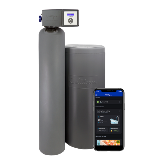 A gray Culligan High Efficiency water softener system, consisting of two cylindrical units, with a smartphone displaying the Culligan app's water usage data and system overview in the foreground.