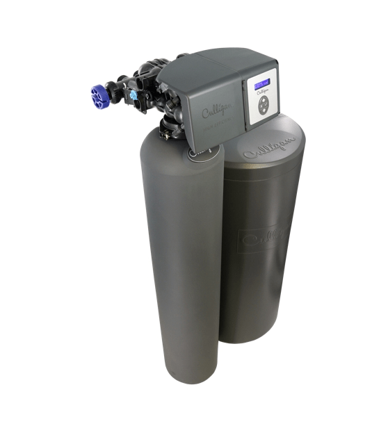 A dark gray Culligan water treatment system with two tanks and a digital control head, isolated on a white background.