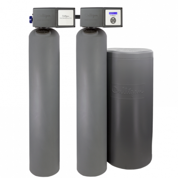 A Culligan Smart High Efficiency Twin water treatment system, featuring two tall grey tanks with control heads and a shorter, wider grey brine tank, all against a black background.