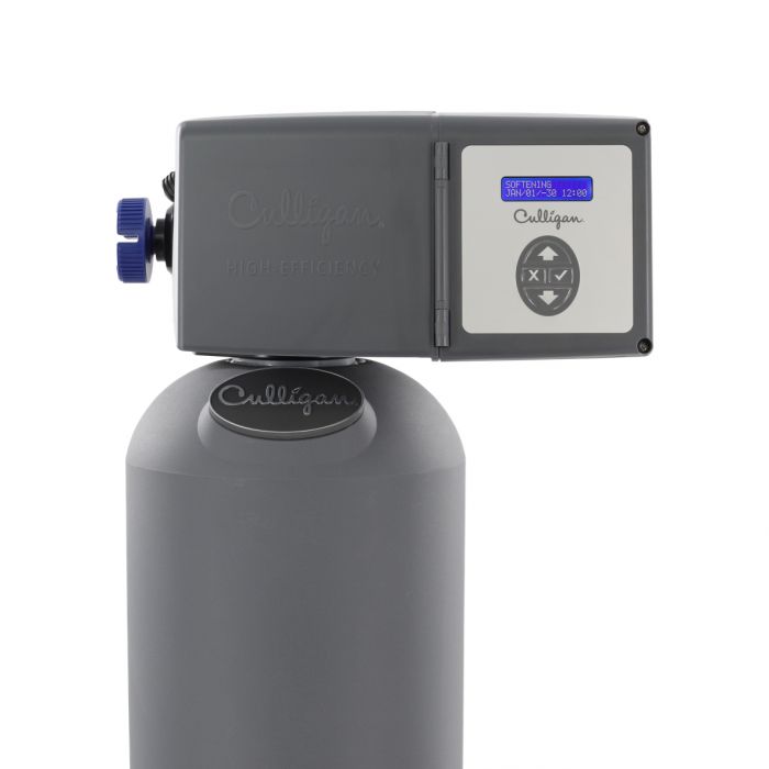 A gray Culligan high-efficiency water softener with a digital display showing 