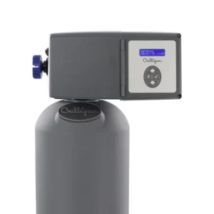 A gray Culligan water softener system with a digital display showing 'SOFTENING' and control buttons.