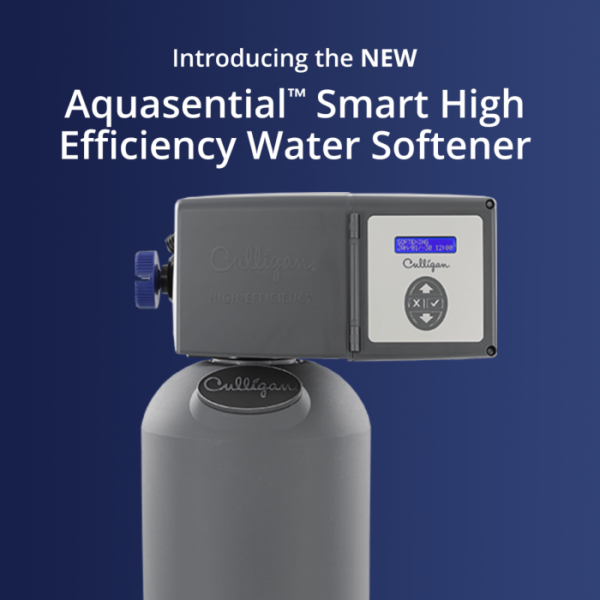 A gray Culligan Aquasential Smart High Efficiency Water Softener with a digital display showing 'SOFTENING' and control buttons, set against a blue background. White text at the top reads 'Introducing the NEW Aquasential Smart High Efficiency Water Softener'.