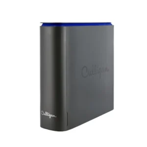 A dark gray Culligan water filter cartridge with a blue top, featuring the Culligan logo, against a white background.