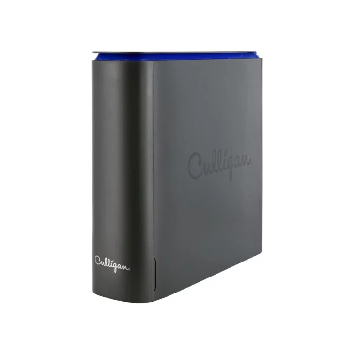 A dark gray Culligan water filter cartridge with a blue top, featuring the Culligan logo, against a white background.