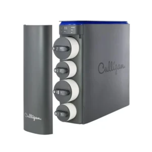 A dark gray Culligan water filtration system with four visible filter cartridges labeled 'Pre', 'RO', 'TD', and 'Post'. The system has a modern design with a blue accent on top and a control panel on the side.