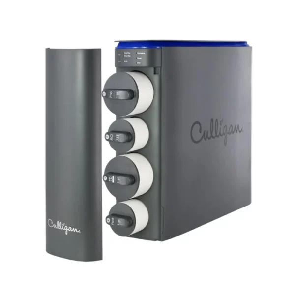 A dark gray Culligan water filtration system with four visible filter cartridges labeled 'Pre', 'RO', 'TD', and 'Post'. The system has a modern design with a blue accent on top and a control panel on the side.