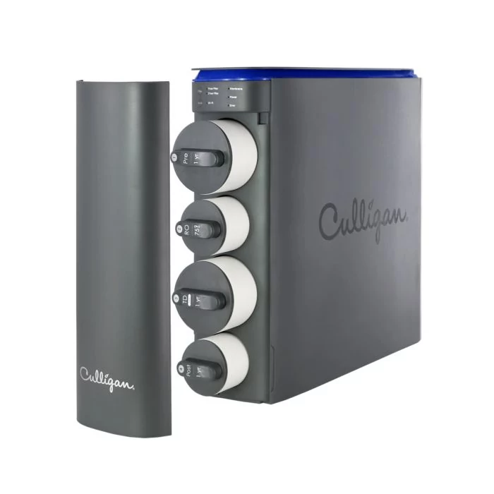 A dark gray Culligan water filtration system with four visible filter cartridges labeled 