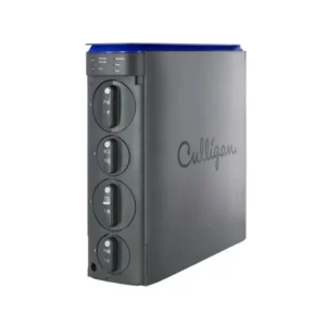 A dark gray Culligan water filtration system with a blue top, showing four labeled filter compartments and a control panel on a white background.