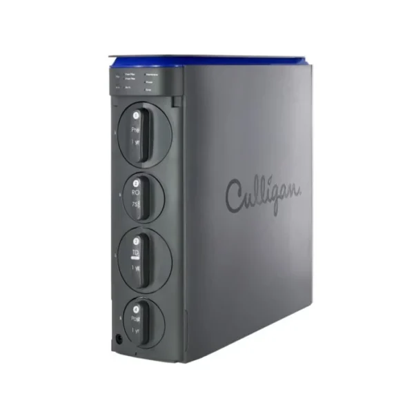 A dark gray Culligan water filtration system with a blue top, showing four labeled filter compartments and a control panel on a white background.