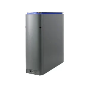 A dark gray MyPurmist steam inhaler with a translucent blue top, shown at a slight angle on a white background. It has rounded vertical edges and two ports at the bottom.