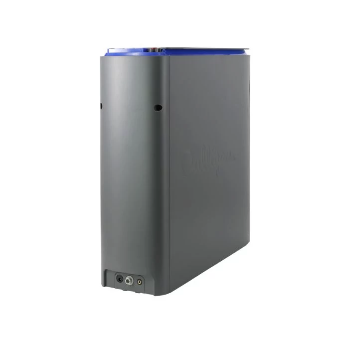 A dark gray MyPurmist steam inhaler with a translucent blue top, shown at a slight angle on a white background. It has rounded vertical edges and two ports at the bottom.