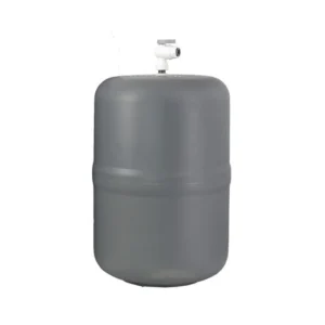 A gray cylindrical pressure tank with a white quick-connect fitting and gray lever on top, against a white background.