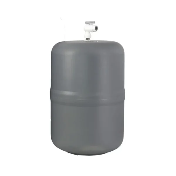 A gray cylindrical pressure tank with a white quick-connect fitting and gray lever on top, against a white background.