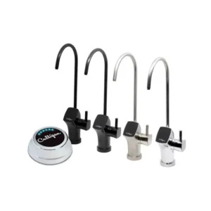 Four Culligan water filtration faucets in matte black, brushed nickel, and polished chrome finishes, displayed alongside a circular filter life indicator with blue lights, all on a white background.