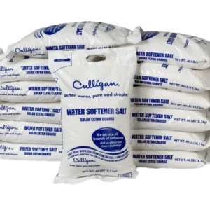 A large stack of white 40 lb bags of Culligan Water Softener Salt, with blue branding, against a black background.