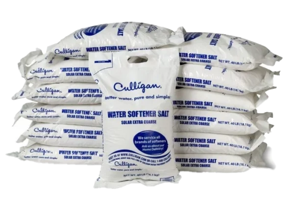A large stack of white 40 lb bags of Culligan Water Softener Salt, with blue branding, against a black background.