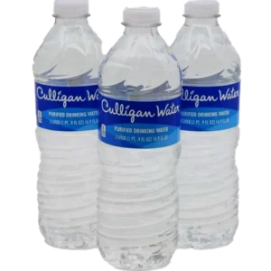 Three Culligan Purified Drinking Water bottles with blue labels and white caps, filled with clear water, against a black background.