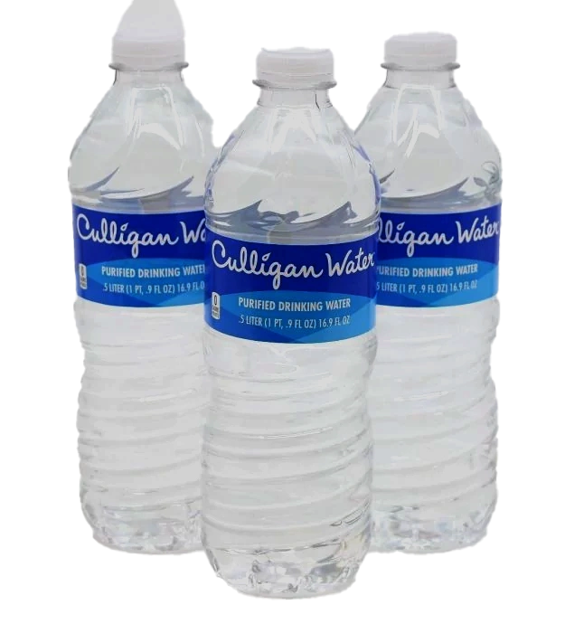Three Culligan Purified Drinking Water bottles with blue labels and white caps, filled with clear water, against a black background.