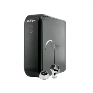 Culligan black water filtration system with a chrome faucet and a circular filter status indicator, all against a white background.