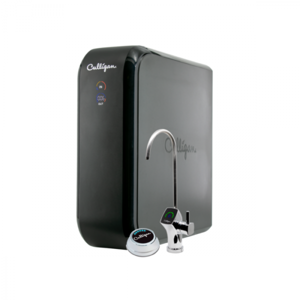 Culligan black water filtration system with a chrome faucet and a circular filter status indicator, all against a white background.
