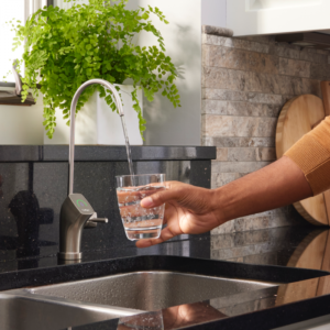 A person's hand holds a clear glass under a brushed metal kitchen water dispenser, filling it with water. A green plant and stone backsplash are visible in the background.