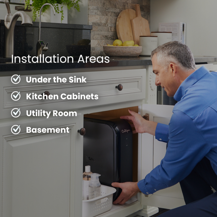 A man installs a black Culligan water filtration system inside a kitchen cabinet. Text on the image lists installation areas: Under the Sink, Kitchen Cabinets, Utility Room, Basement.