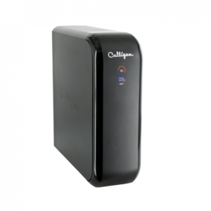 A sleek, glossy black Culligan water filtration device with rounded edges, featuring the Culligan logo and a digital display showing '006' with 'IN' and 'OUT' indicators.