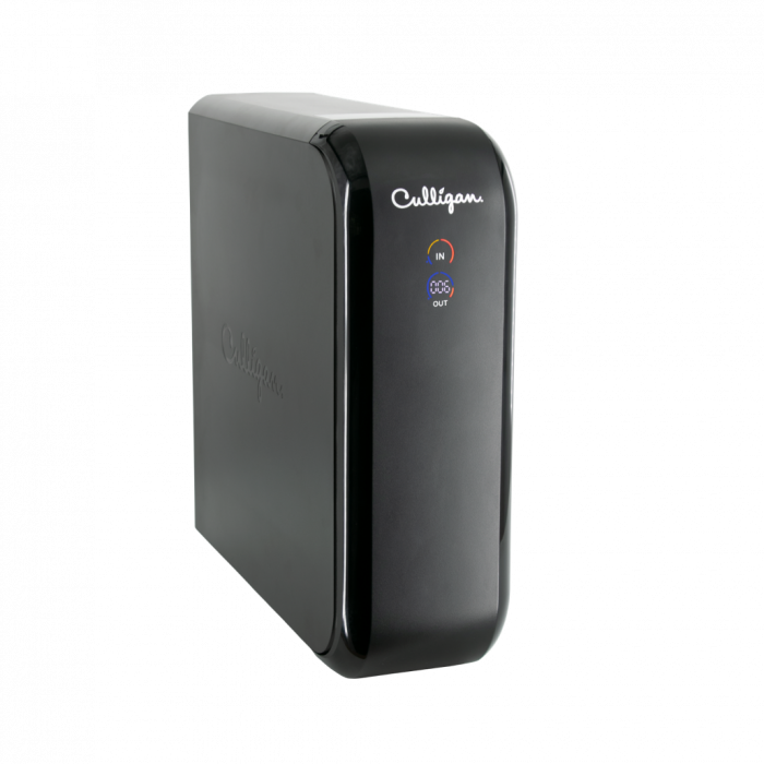 A sleek, glossy black Culligan water filtration device with rounded edges, featuring the Culligan logo and a digital display showing 