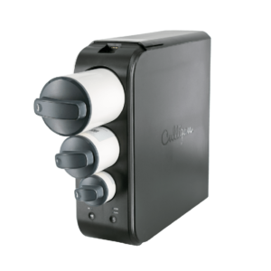 A dark gray Culligan water filtration system with three white filter cartridges stacked vertically on the left side, set against a black background.