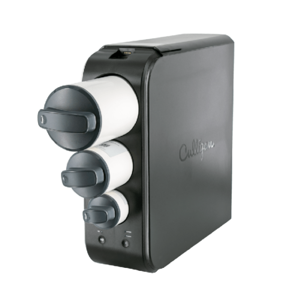 A dark gray Culligan water filtration system with three white filter cartridges stacked vertically on the left side, set against a black background.