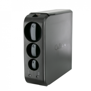A dark gray Culligan water filtration system with three visible filter slots and control buttons, against a black background.