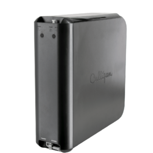 A dark gray Culligan water filtration system with a sleek, modern design, showing indicator lights and connection ports, against a black background.