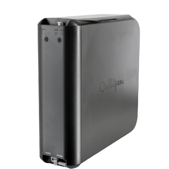 A dark gray Culligan water filtration system with a sleek, modern design, showing indicator lights and connection ports, against a black background.